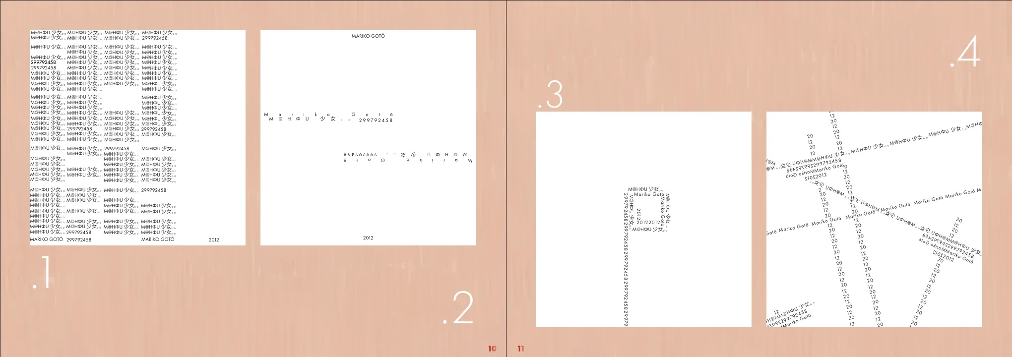 Black and white studies 1 to 4: stacked text-block grids and tiny centered settings