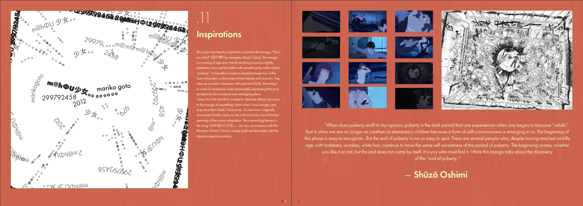 Inspirations spread on Shūzō Oshimi’s Flowers of Evil with anime stills and a quote on puberty
